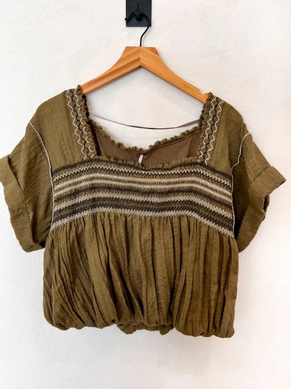 Free People Wandering Skies Blouse Smocked Moss Green L
